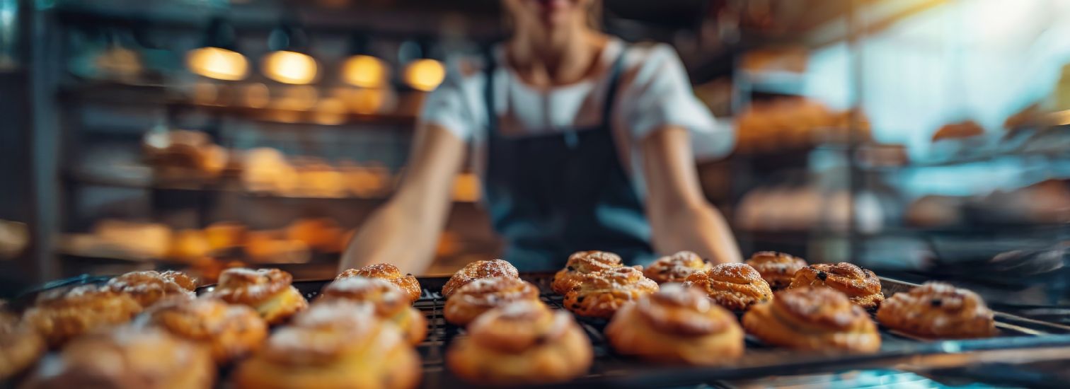 Bäcker hält frische Gebäckstücke auf einem großen Blech in den Vordergrund, Hintergrund ist eine Bäckerei mit Regalen und weiteren Backwaren.